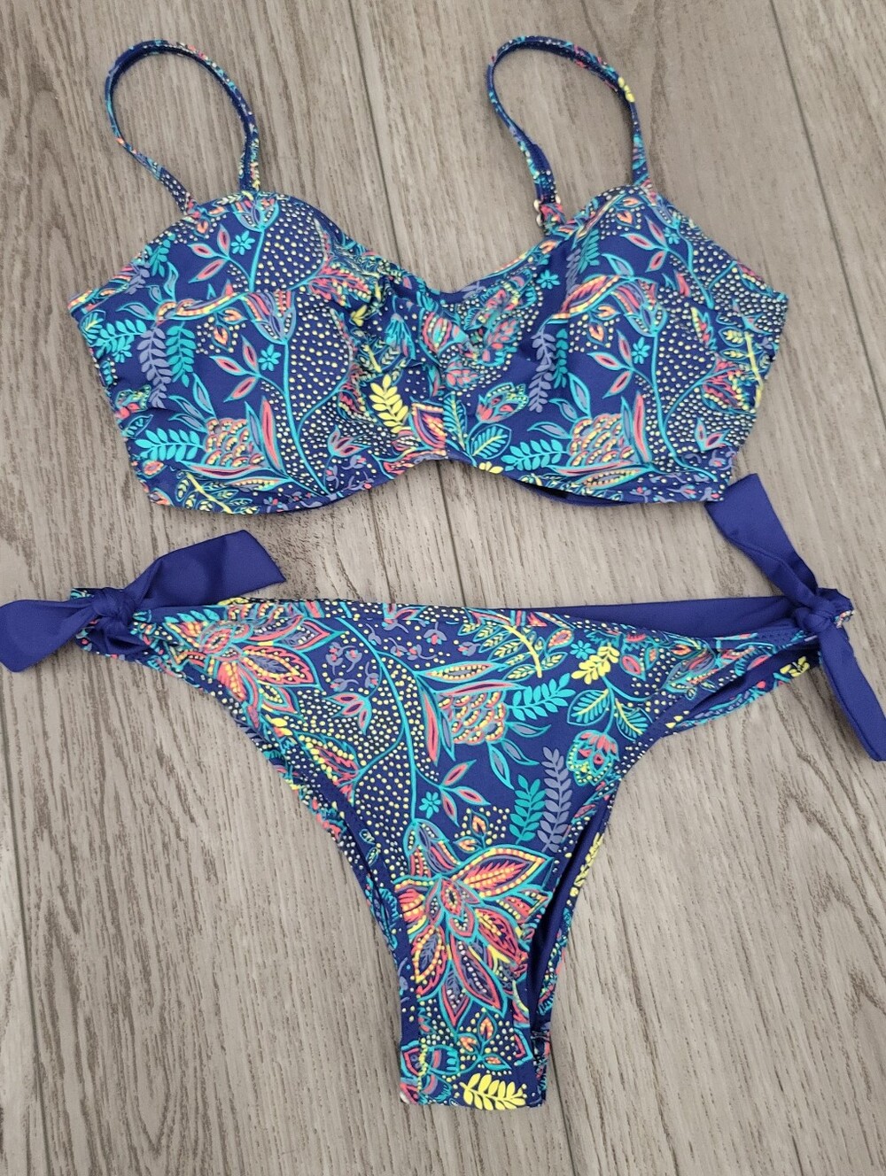 Sunset Floral Print Adjustable Blue Bikini Set